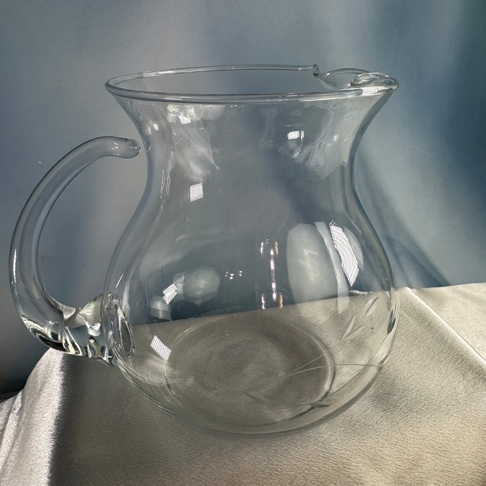 Glass Pitcher 6.5" Clear Etched Floral Traditional Cottagecore Shabby Chic